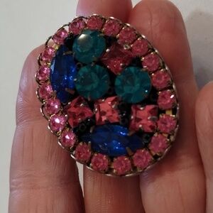 Fuchsia & Blue rhinestone crystal stone brooch oval 1.5"